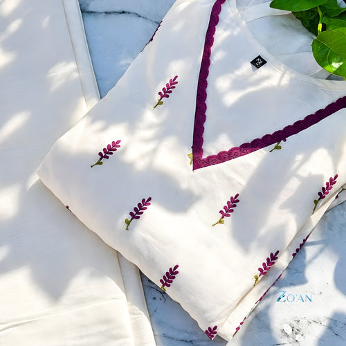 White Floral Embroidered Kurti Set with Lace V-Neck