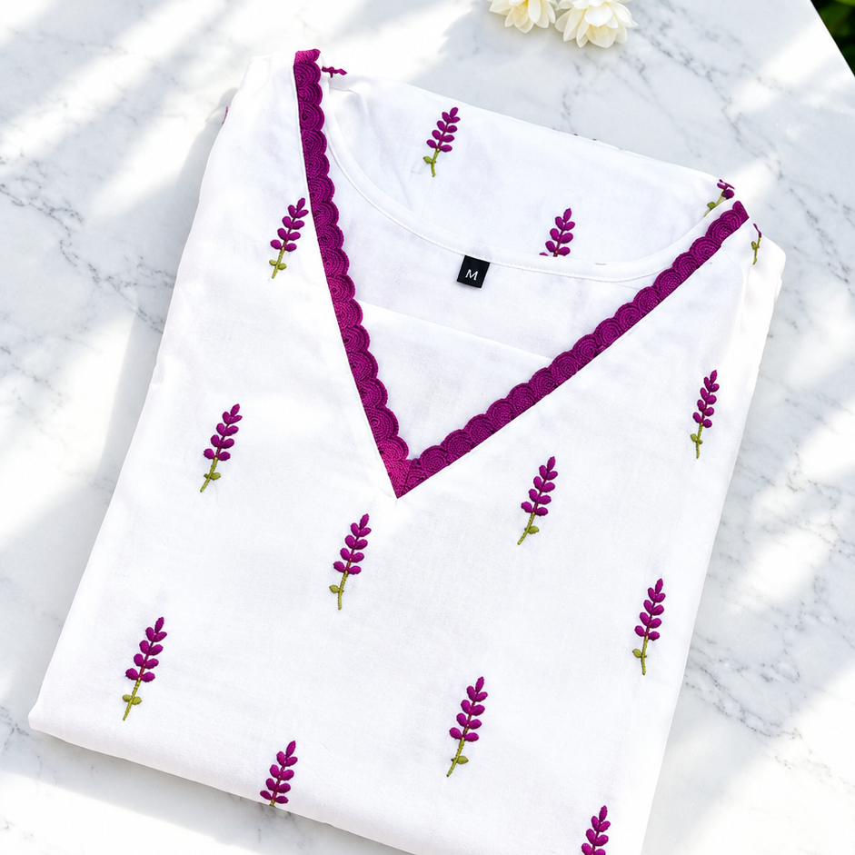 White Floral Embroidered Kurti Set with Lace V-Neck